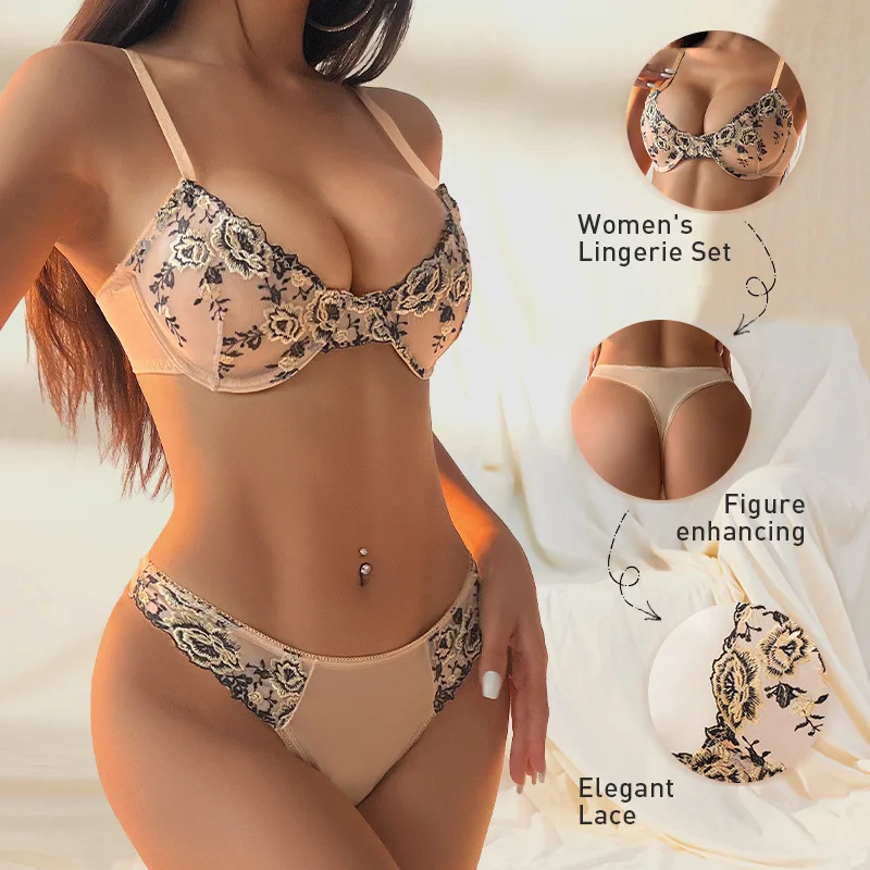

Ultra-Thin Lace French Bra & Panty Set - Sexy Gathered Top Support Underwear for Fall Fashion