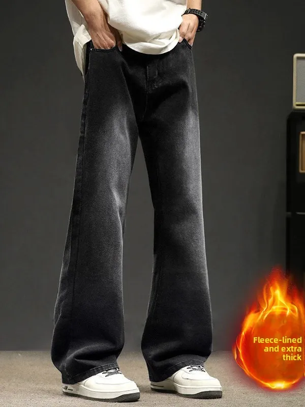 

Men's Fce Lined Flared Jeans Thiened Loose Straight American Retro Winter Wear Youth And Adults All-Match Long Trousers