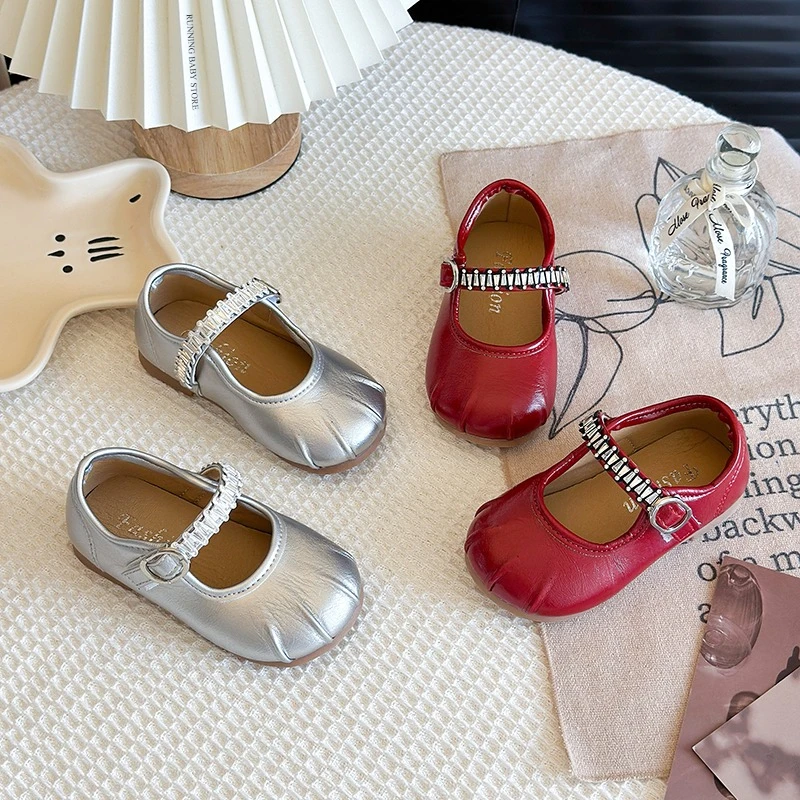 

Wide Pleated Round Toe Girls flats Brand Designer Wave Strape mary janes Shoes 2026 Girl Prom Shoes Kids Princess I08115