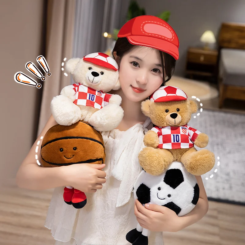 Kawaii esporte camisa urso boneca plushies bonito futebol plushie travesseiro macio bola de pelúcia macio crianças brinquedos para meninos presente casa deco