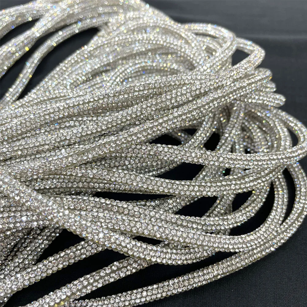 6Mm Rhinestones Trimming Round Tube Cord Cotton Rope Shiny White Crystal String Bling Drawstring For Diy Bows Headband Shoelaces