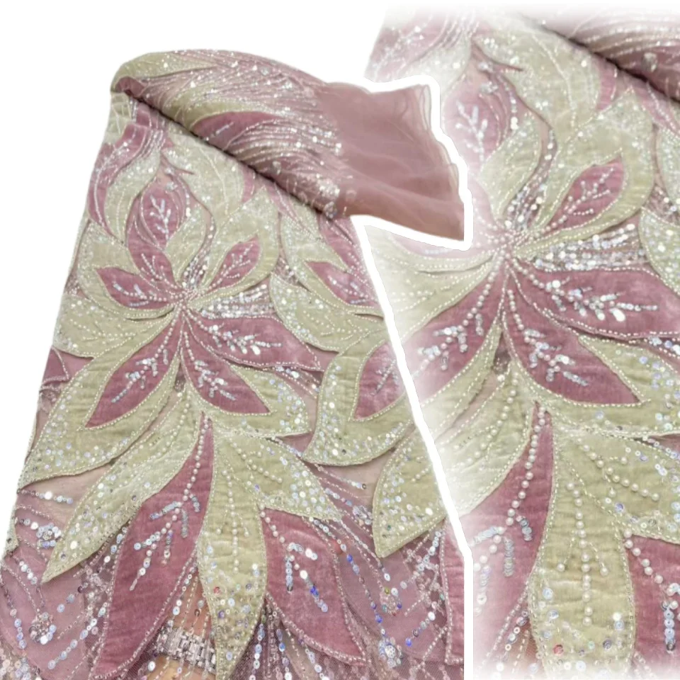 

African French Nigerian High End Tulle Lace Fabric With Beads Sequins Embroiderg Mesh for Wedding Party Bride Sewing Dress A1184