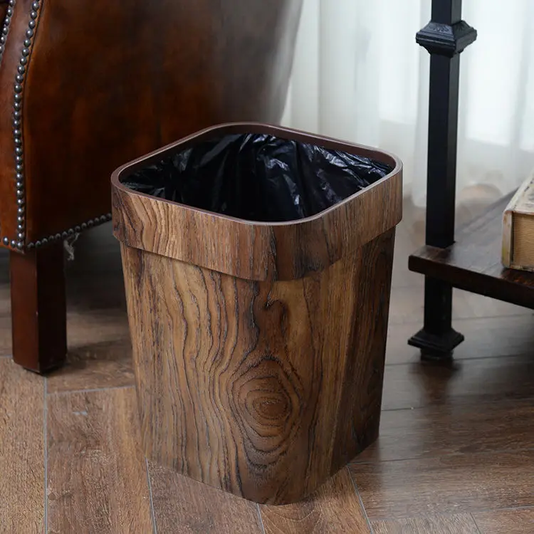 Wood Grain Retro Trash Can Home Kitchen Living Room Garbage Bin Office Toilet Paper Basket Bathroom Bedroom Supplies