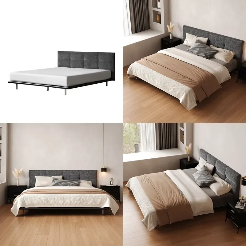 Nordic Modern Double Bed with Ultra Thin Suspended Light High Grade Chenille Fabric Master Bedroom Furniture