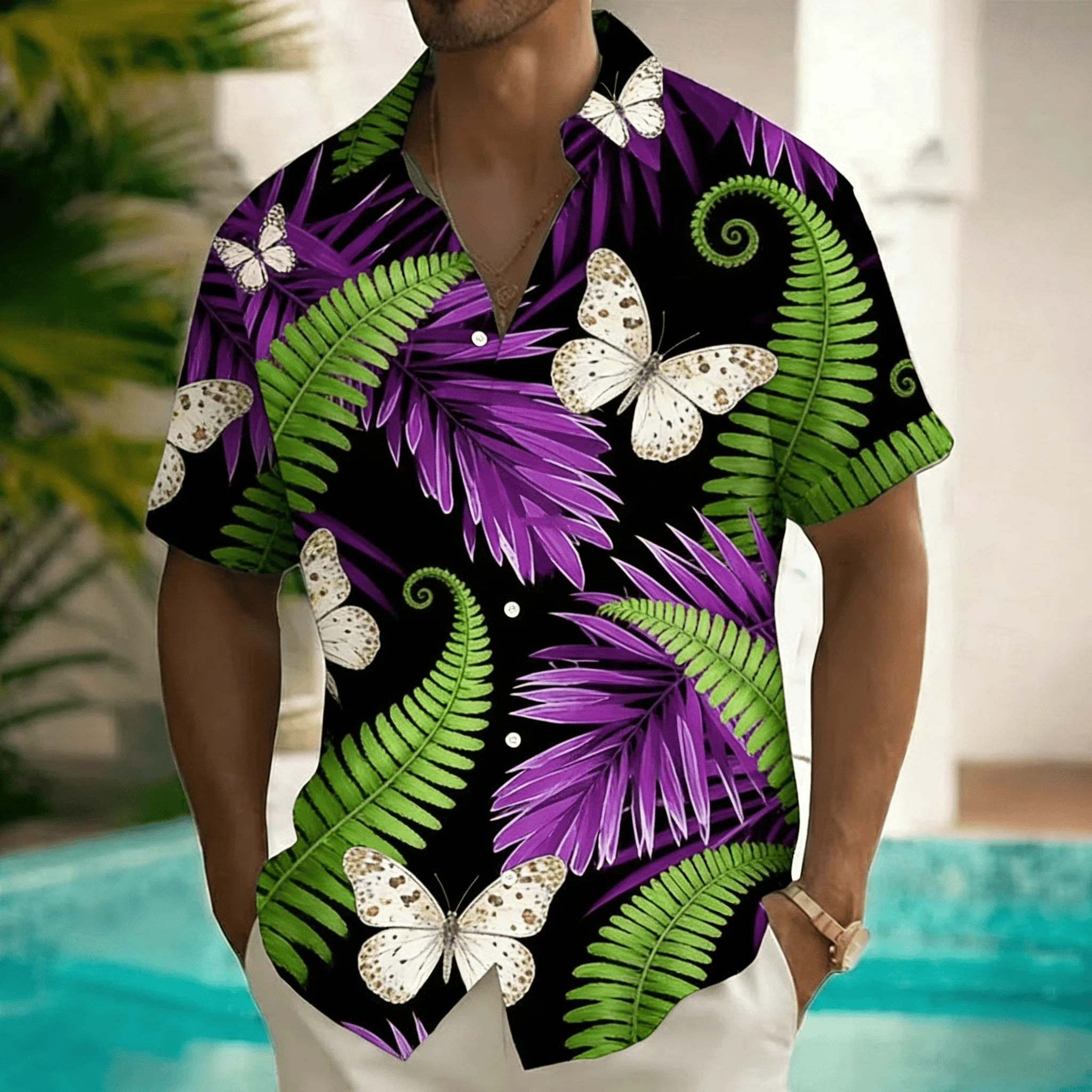 

Men's Black Fern Butterfly Print Short Sleeve Shirt, Spring Summer Mysterious Tropical Vacation Casual Top, Pocket Lapel Style