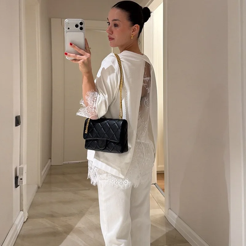 

Women's 2026 Summer New Fashion Round Neck Loose Solid Color Lace Splicing Short-sleeved T-shirt Top