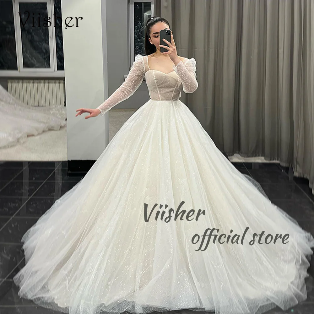 

Viisher Ivory Tulle Wedding Dresses for Bride Long Sleeve Sweetheart A Line Princess Bridal Gowns Customized Wedding Gowns