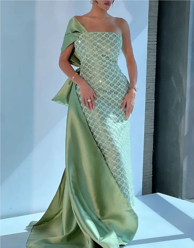 Customized Floor Length Strapless Green Dress Vestidos De Fiesta Wedding Dress Plus Size Long Dress Robe De Soirée Vert فساتين ا