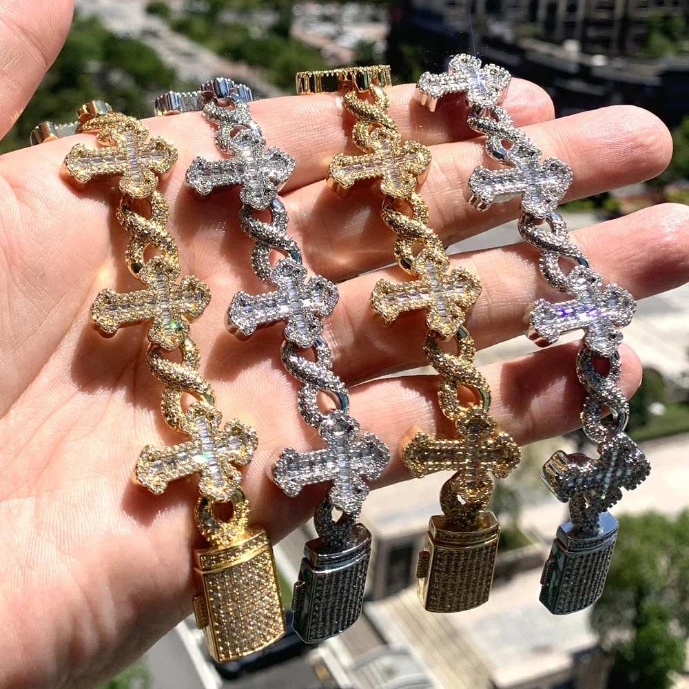 2025 New Men Boy Hip Hop Jewelry Iced Out Bling 5A CZ Multi Cross Charm X Shape Cuban Chain Charm Bracelet Gifts