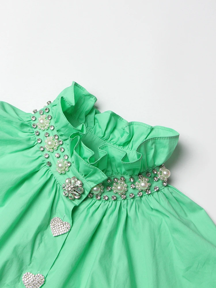 เสื้อเบลาส์ลำลองสำหรับผู้หญิงประดับคอตั้งเพชรปะต่อหลากสีเสื้อผู้หญิงทรงหลวมกระดุมแถวเดียว