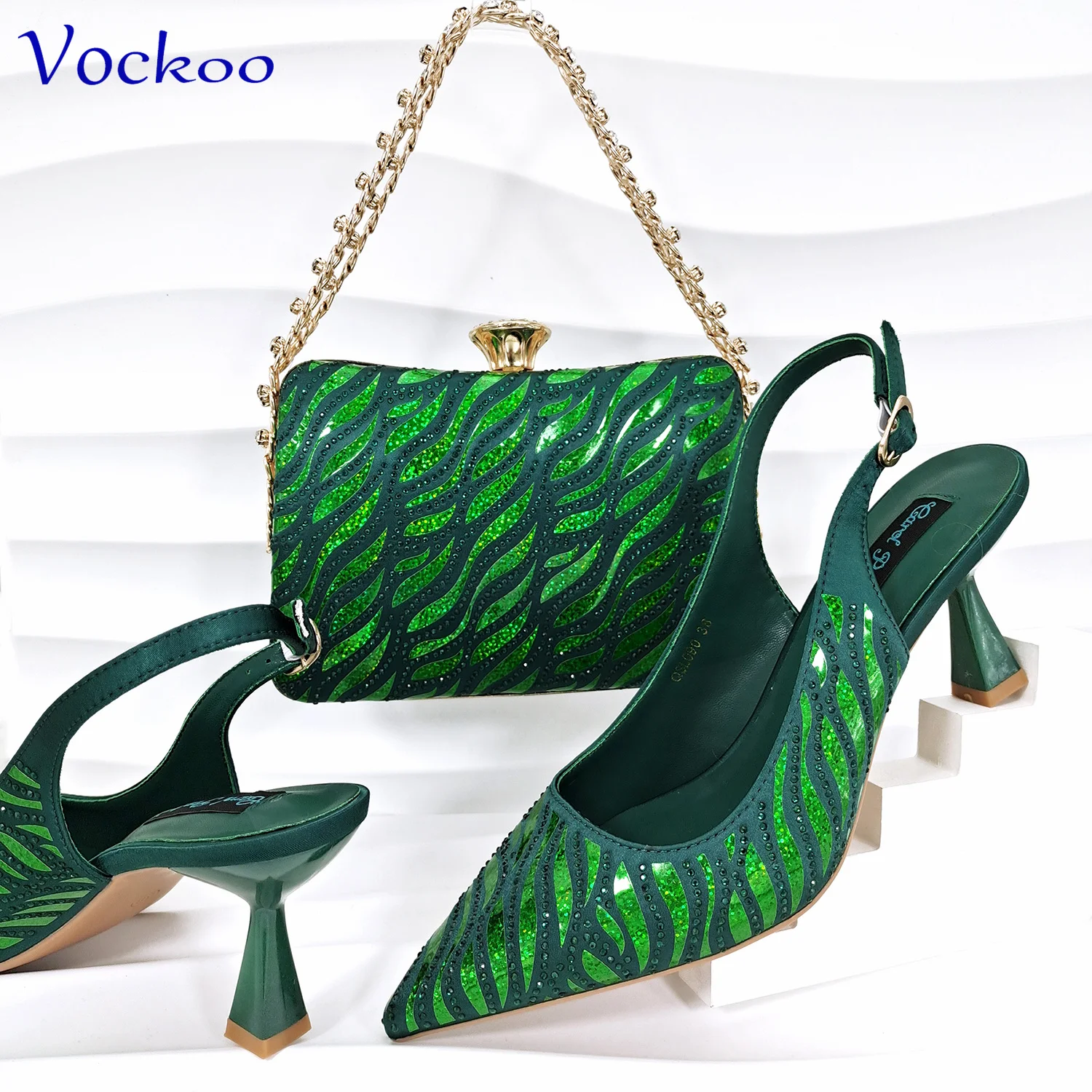 

Think Heels 2024 Newest Hot Sale Italian Women Shoes Matching Bag Set in Green Color Pointed Toe with Shinning Crystal