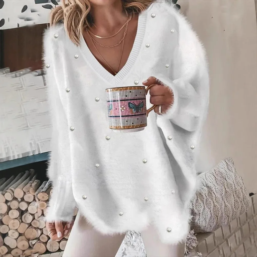 

Women's Sweater 2025 Autumn Winter Ribbed Knitted Pullover V-Neck Pearl Long Sleeved Fluffy Top Women's Loose Sweater