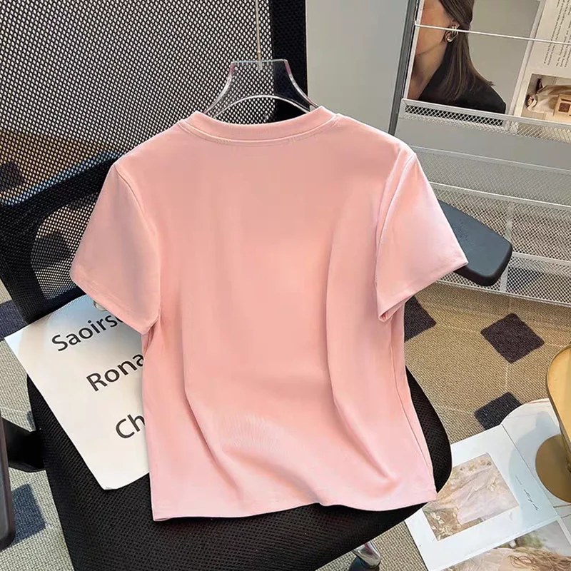 2024 New Summer women\'s Shiny Hot Diamonds t-shirt Sweet Girl Bow perline top in cotone per ragazza maniche corte t-shirt larghe abbigliamento