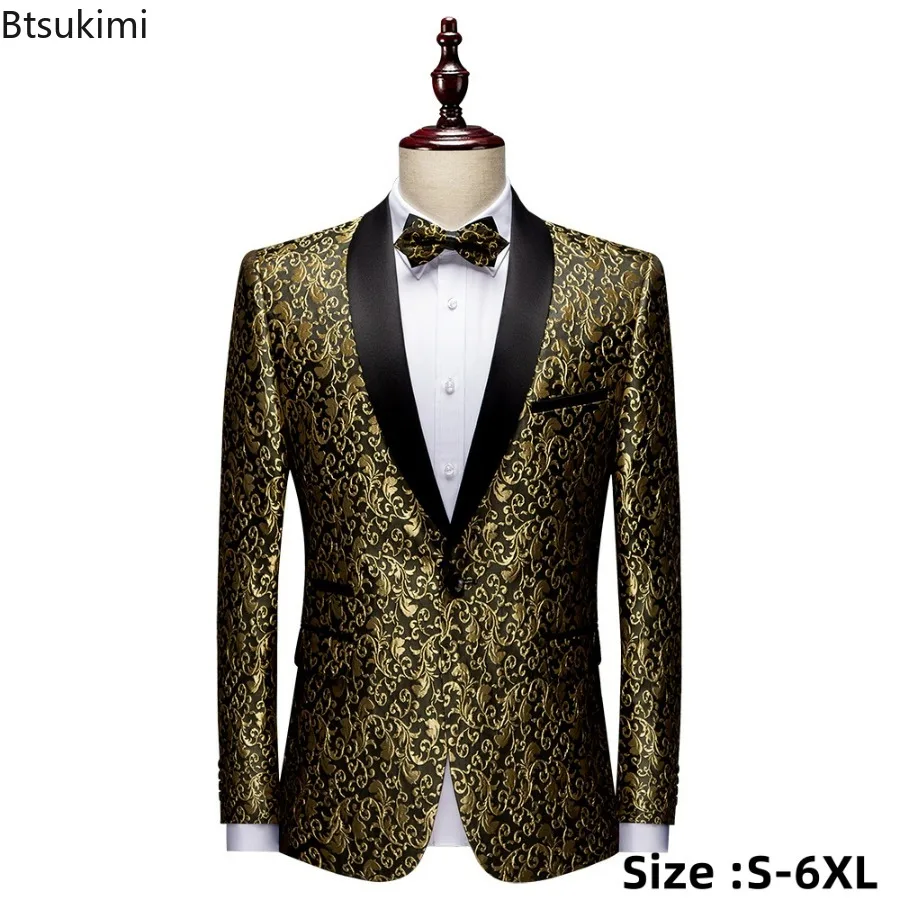 

2024 Men's Slim Fit Suit Jacket Skinny Tuxedo Casual Blazer Floral Jacquard Shawl Lapel Costume Wedding Party Prom Mens Blazers