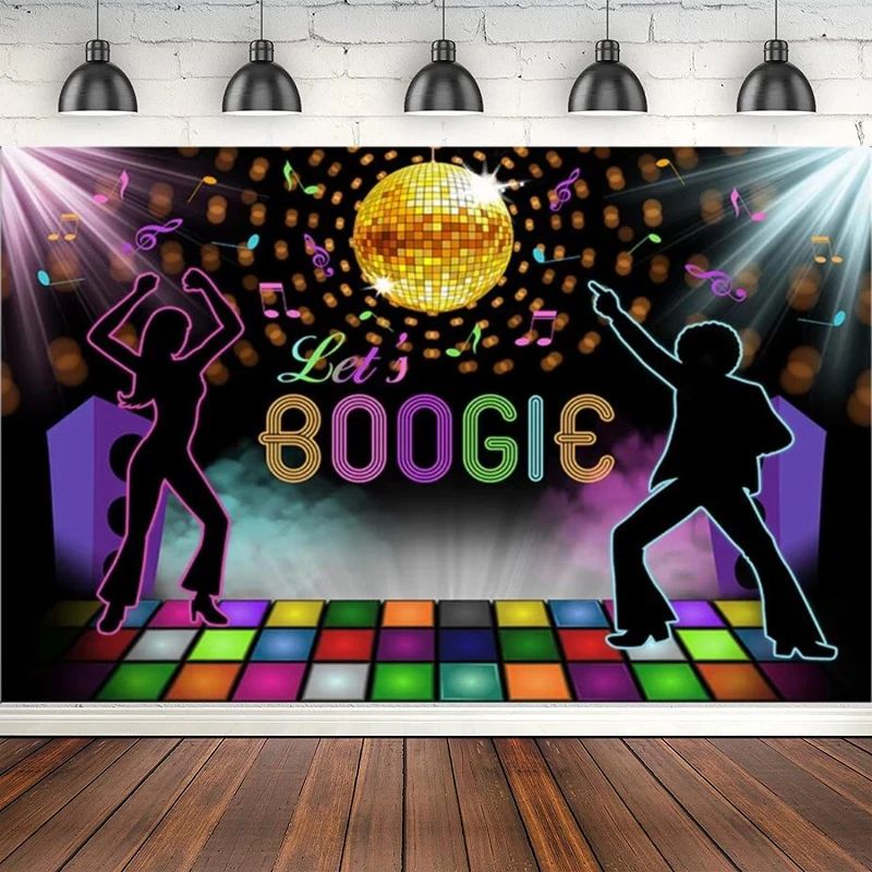 Let's Boogie Party Decoration Photography Backdrop Seventies Rainbow Disco Ball Boogie Fever Birthday Poster Background Banner