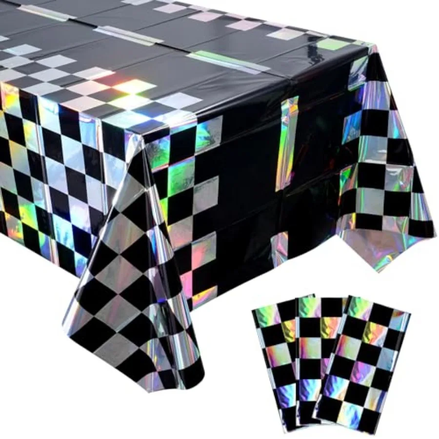

Pack Iridescent Race Car Checkered Plastic Tablecloth, Black and White Holographic Foil Racing Table Cover, Disposable Cars Tab