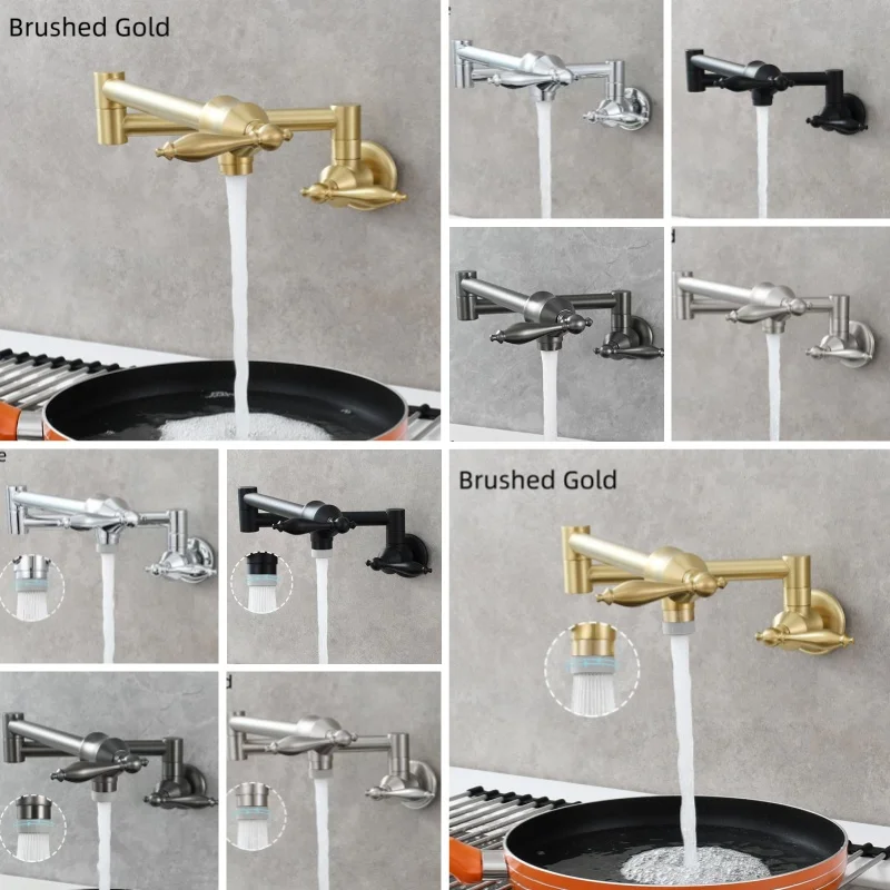 Brushed Gold Brass Single Cold Kitchen Faucet Wall-Mounted Rotatable Folding Extended Single Hole Double Handle Sink Faucet
