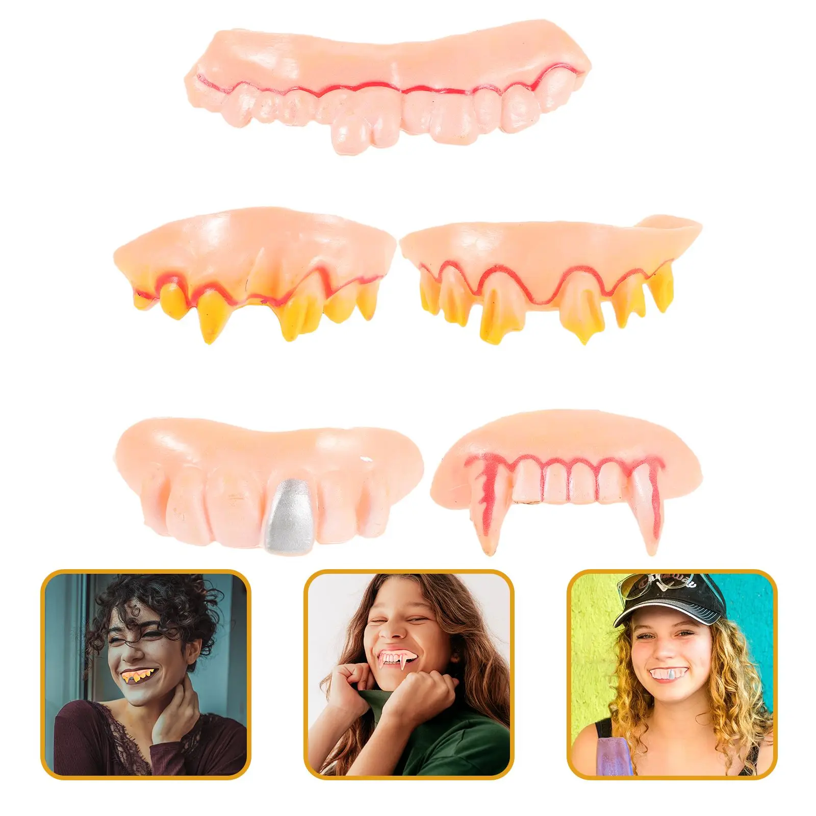 5Pcs Funny Ugly Gag False Fake Teeth Goofy Wacky Freaky Front Teeth Decoration Props Trick Toy Party Halloween Game Accessory