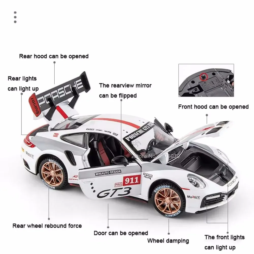 1:24 964 911 GT3 RSR Legering Speelgoed Diecast Auto Modellen Rubberen Banden Wiel Trek Supercar 4 Deuren Geopend Voertuigen Kinderspeelgoed