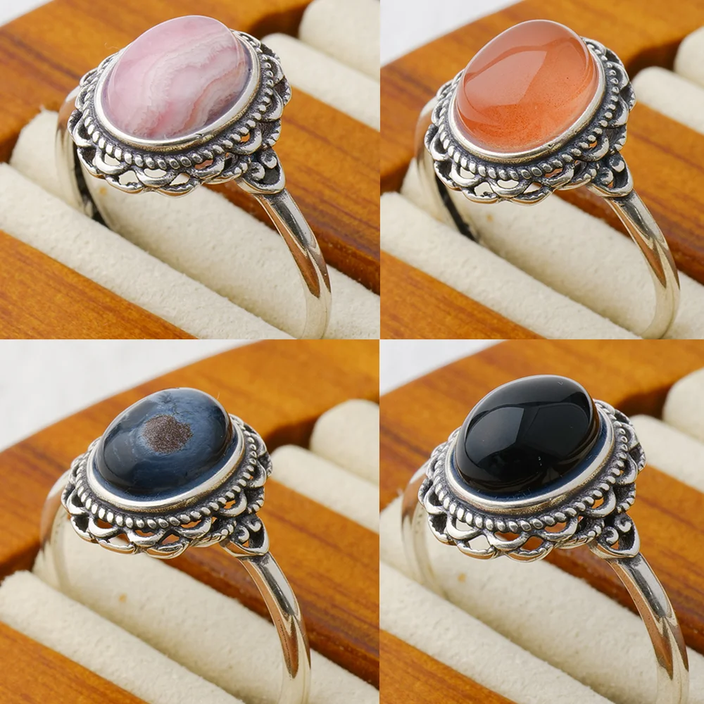 

Vintage 925 sterling silver ring with 7*9mm Natural Rhodochrosite/Pietersite/Kunzite/agate Fine jewelry Gift, for man women ring