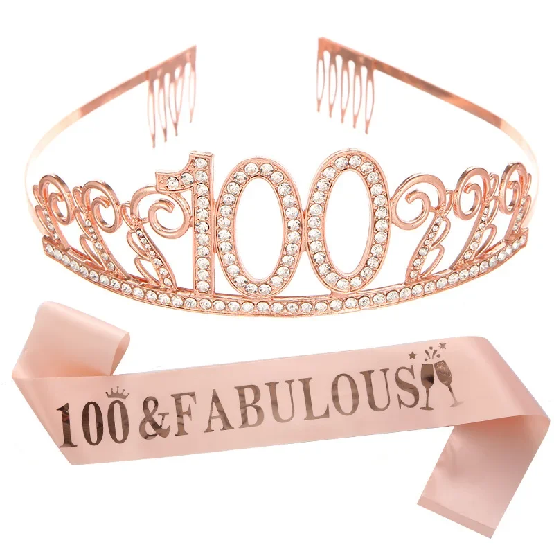 100 and Fabulous Tiara and Sash Set for Women Lady Happy 100th Birthday Party Decoration Supplies Favor Gift-Black White Gold