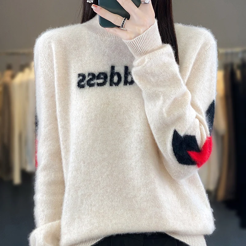 Herbst Winter Frauen 100% Merino Wolle Pullover Mock-Neck Pullover Kaschmir Einfarbig Grundlegende Klassische Mode Freizeit Top
