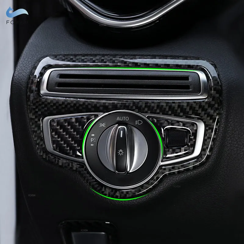 

3pcs Car Carbon Fiber Headlight Switch Frame Cover Decorative Trim For Mercedes Benz C Class W205 C180 C200 C300 GLC260