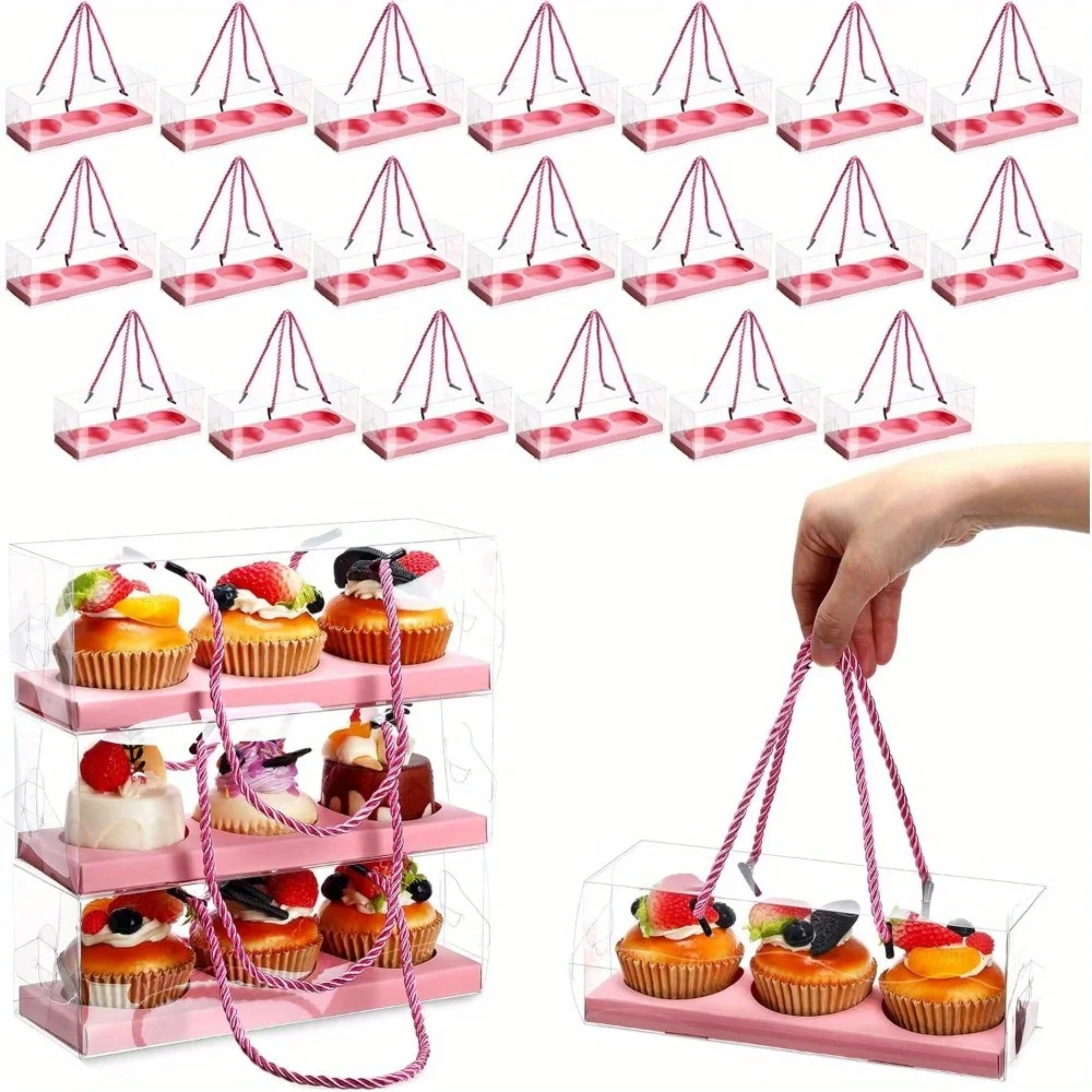 

20pcs/ Set Clear Cupcake Boxes 9" x 3" x 3" Portable Pastry Packaging with Rope Handle, Inserts & 3 Compartments Muffin Storage