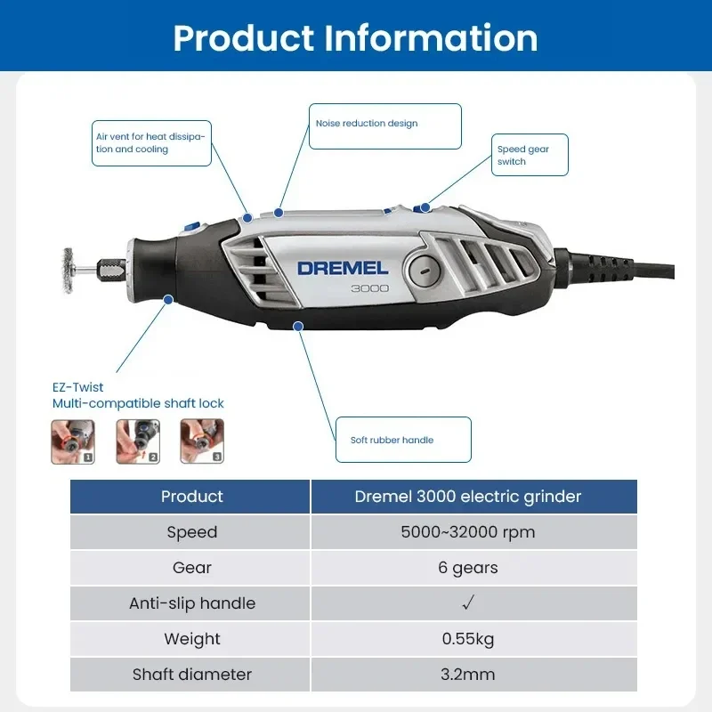 Dremel 3000 Electric Grinder Mini Driller with 3-36 Attachment Variable Speed Rotary Tool for Engraving Cutting Sanding Polisher