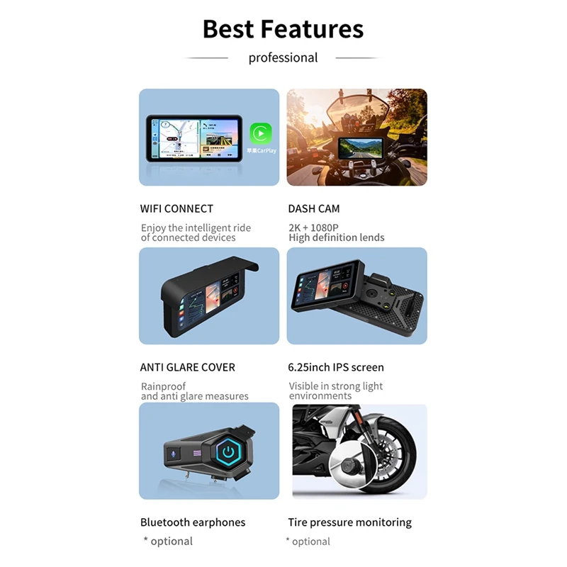 MG600 6.25Inch Display Motorcycle Navigator GPS Wifi Wireless Carplay Android Auto Screen Dual Camera Tire Pressure Kits