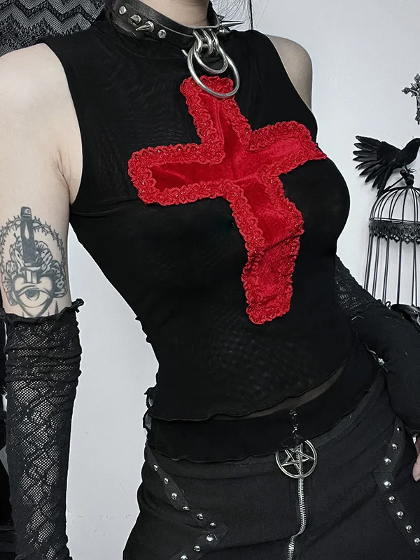 Top damski Loween K Gothic Sle Cross Bal Tank Top, słodko-pikantny, odzież sceniczna up Bla, ort irt