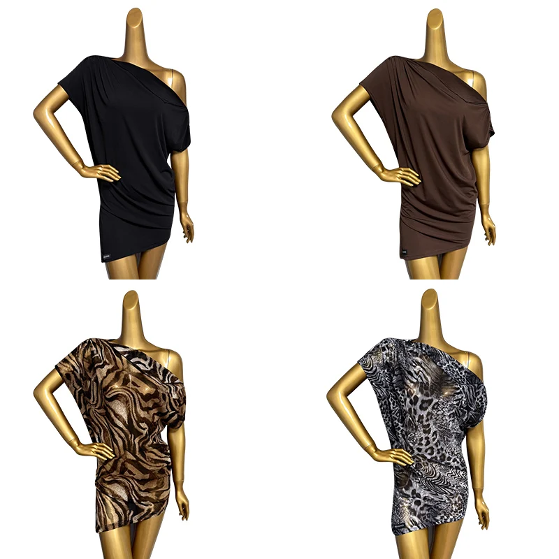

2025 Slant Shoulder Latin Dance Tops Women Loose Practice Clothing Adult Rumba Samba Salsa Dance Clothes Black Dress DNV23860