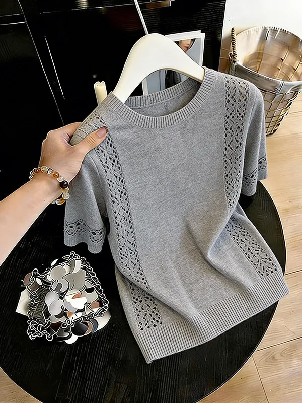 

round Neck Short Sleeve Hollow out Knitted T-Shirt Women's plus Size Overhead Slimming Top Korean Brand Casual Summer Fashion