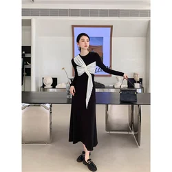 2023 Spring and Summer  Black Knitted Dress New Chinese Style Tea Break French Style Chic Unique Bow FemaleTemperament Dress