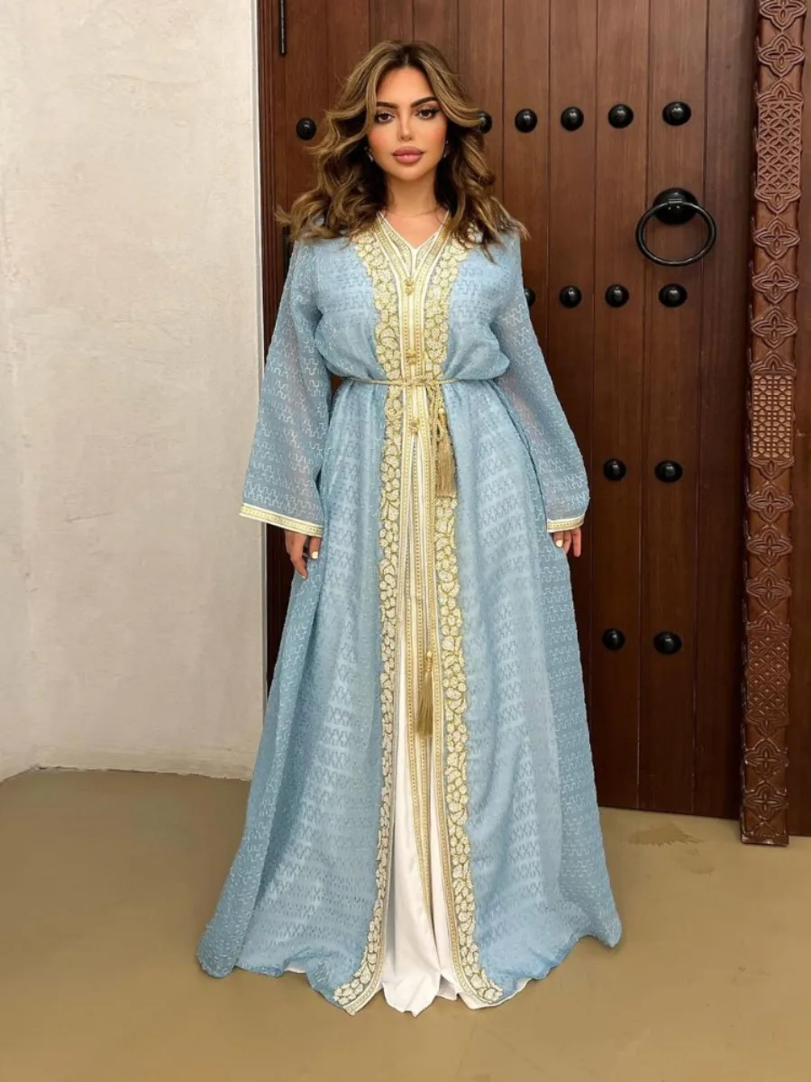 Eid Muslim Abaya Dress 2 Piece Suits Islamic Lace Up Robe Dubai Saudi Arab Morocco Dresses Jalabiya Two Piece Set Vestidos Party