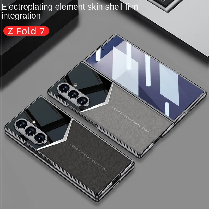 

Чехол Jazz Plain Leather Electroplating Color Block Glass Protective Film для Samsung Galaxy Z Fold 7/Fold 6 с защитой объектива