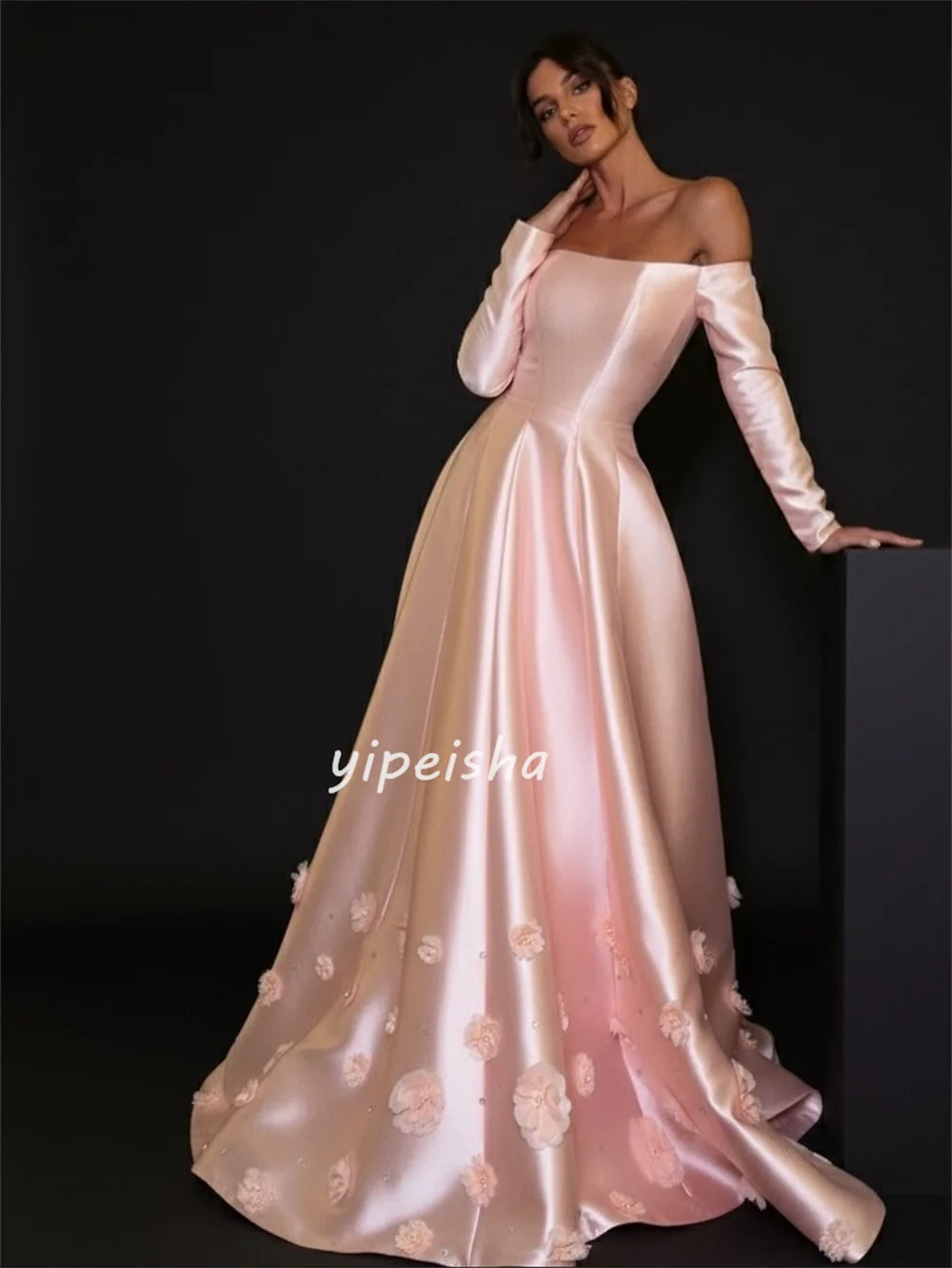 맞춤형 우아한 패션 샤무즈 수제 꽃 주름 A라인 오프숄더 롱 드레스 맞춤형 행사 드레스 클래식