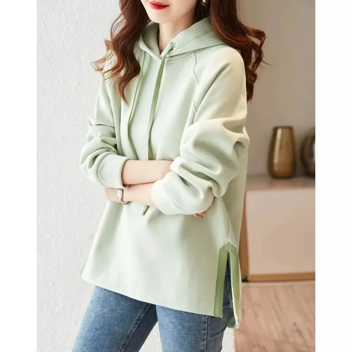 Cotton Hooded Sweatshirt Women Spring Autumn Large Size Solid Hoodies Pullovers Ladies Korean Split Sweatshirt Coat Fleece Tops