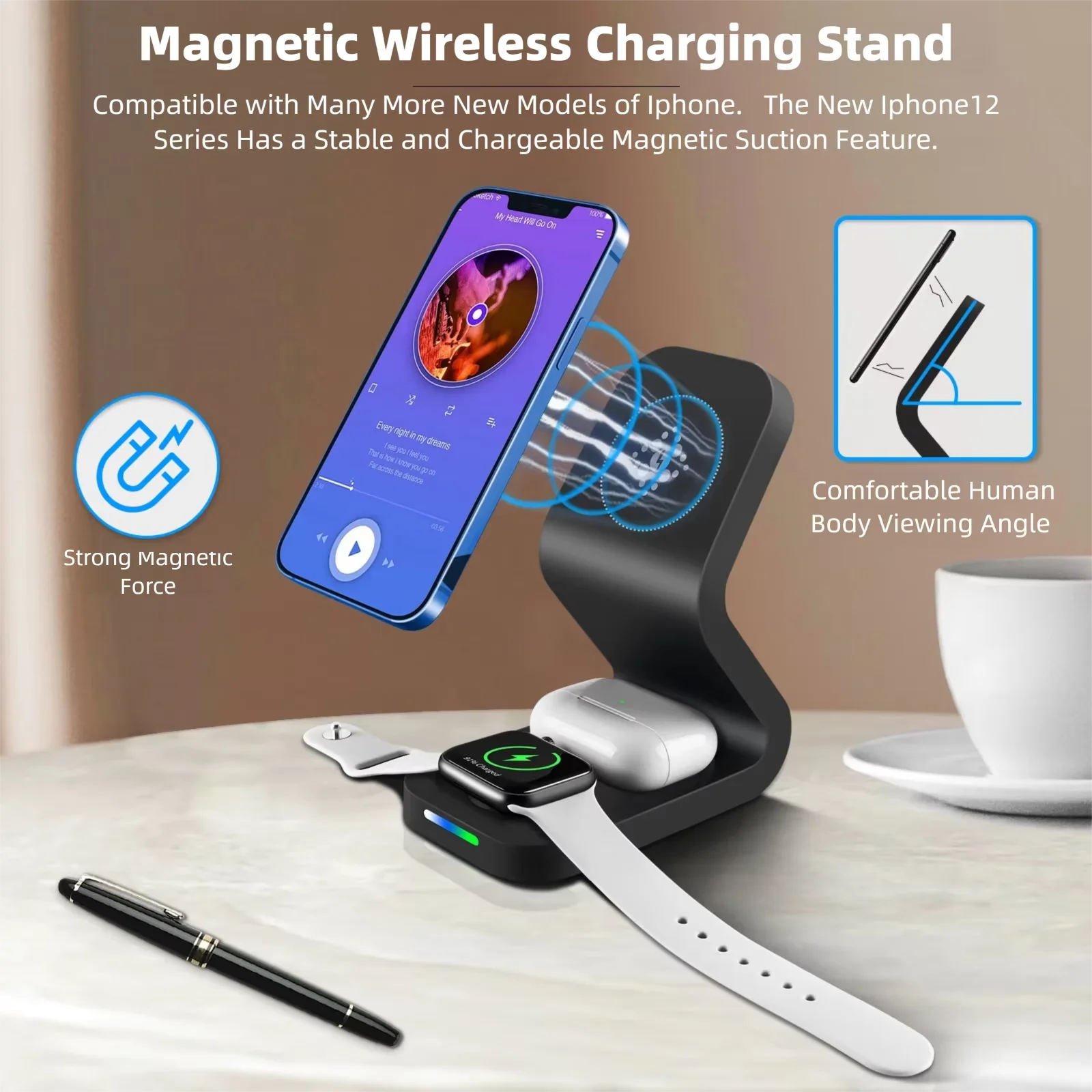 3-in-1 Magnetic Wireless Charging Station Fast Charging Stand for iPhone Apple Watch AirPods 18W Adapter Included Safe Charging