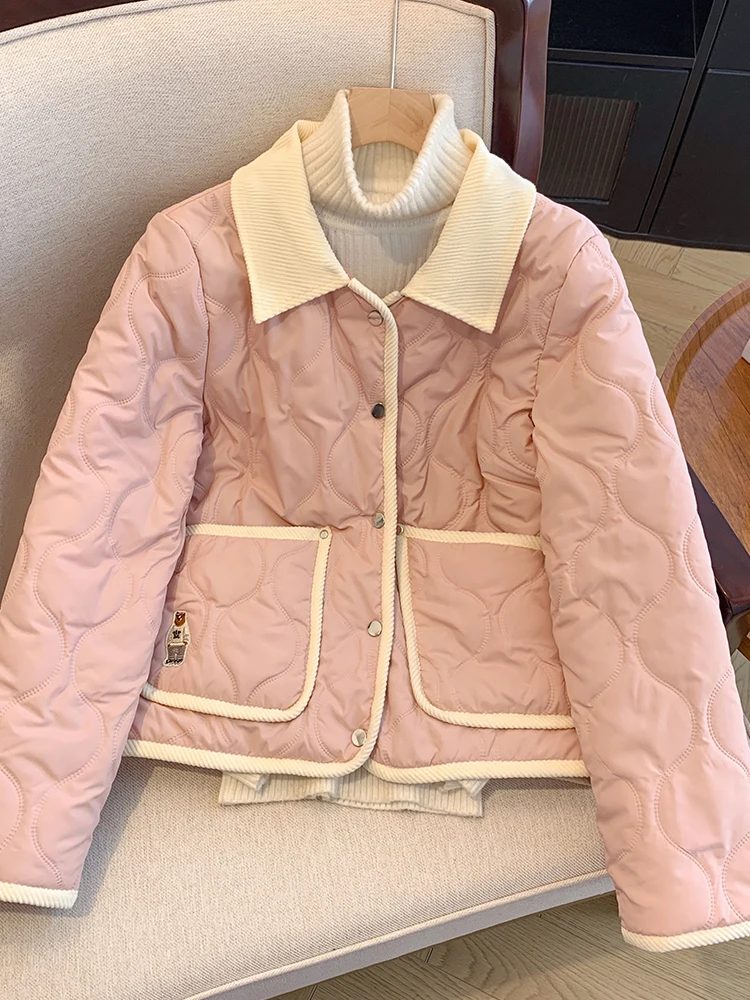 سترة قطنية خفيفة الوزن مبطنة قصيرة الطول بياقة مقلوبة للنساء معطف خريفي وشتوي بنقشة الدب ملابس خارجية قصيرة