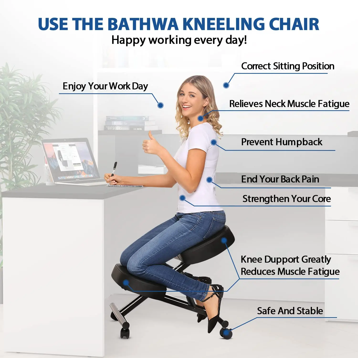 Kneeling Chair Ergonomic for Office, Adjustable Stool for Home and Office - Improve Your Posture with an Angled Seat