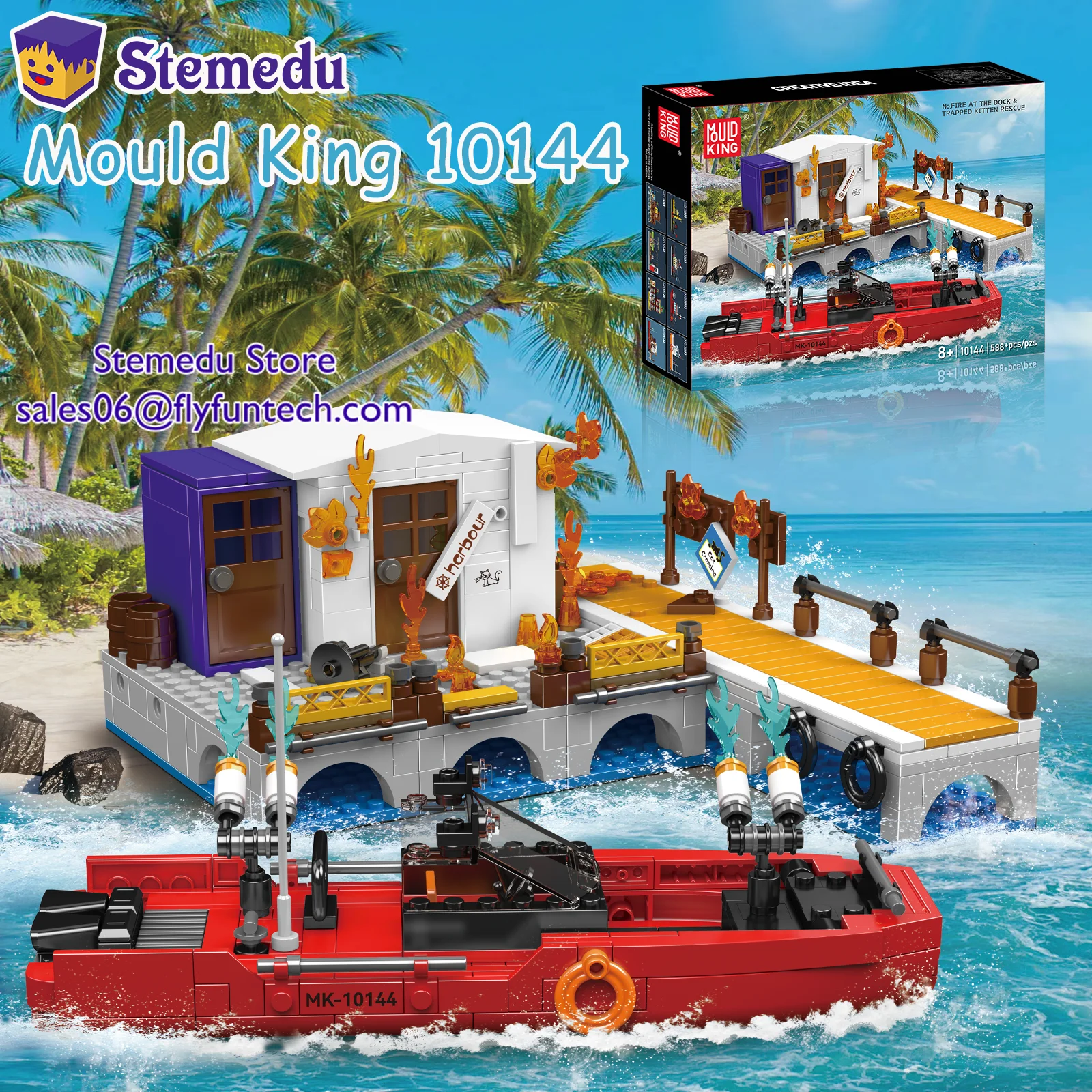 

Mould King 10144 588PCS NO.Fire At The Dock & Trapped Kitten Rescue Wharf Model Building Blocks Toy for Kids Adult Xmas Gift