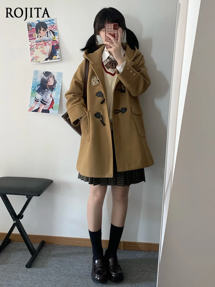JK Woolen Coat College Style Women Winter Brown Duffle Coat with Horn Buttons Laike College Coats for Women 2025 New