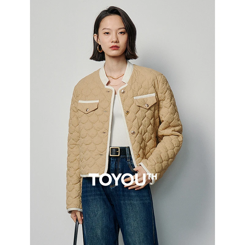 

Toyouth Women Thick Coat 2024 Spring Long Sleeve Stand Collar Loose Jacket Embossed Texture Chic Elegant Cotton-padded Clothes