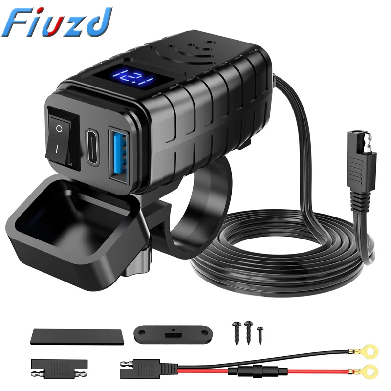 60W PD QC3.0 Motorcycle USB Fast Charger Handlebar Dual USB Socket with Switch Voltmeter Waterproof 12V Power Supply Adapter