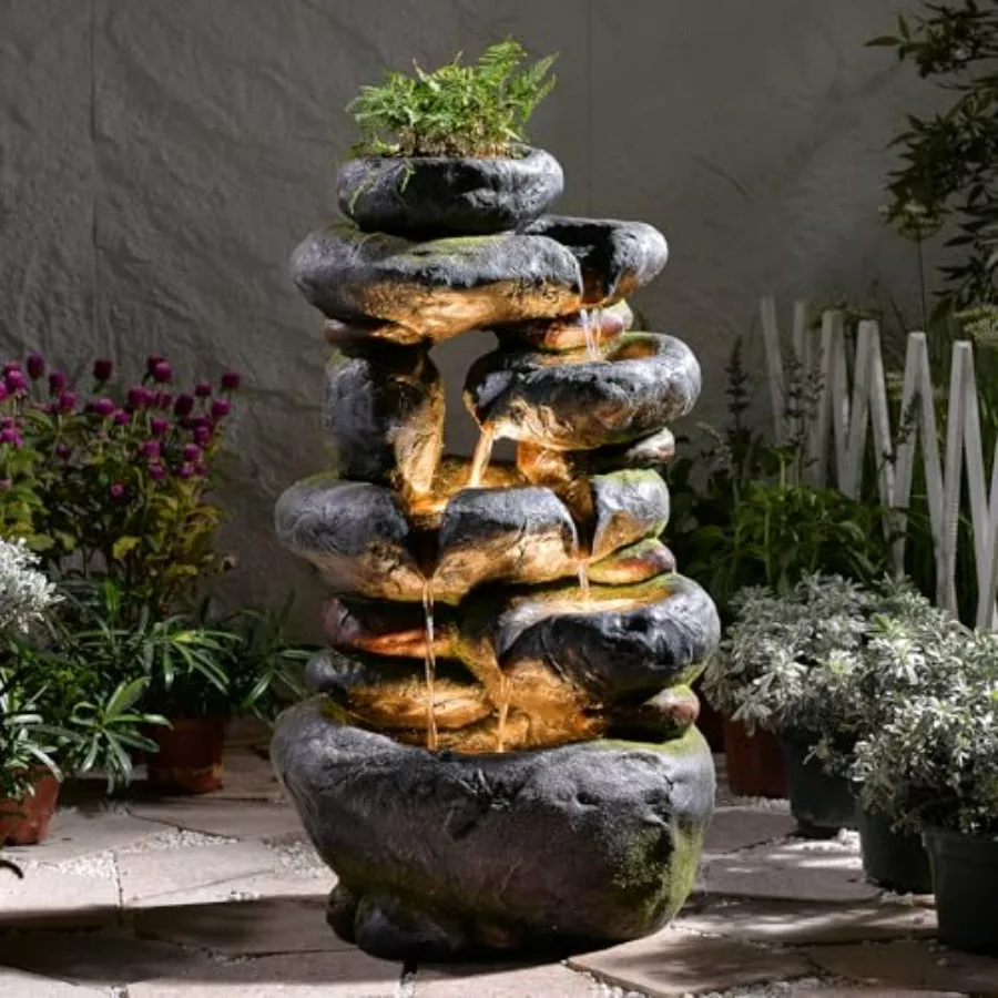 5-Tier Cascading Rock Water Fountain Outdoor 29.5'' Tall with Lights for Garden Patio Yard Deck Home Decor in Natural Stone Loo
