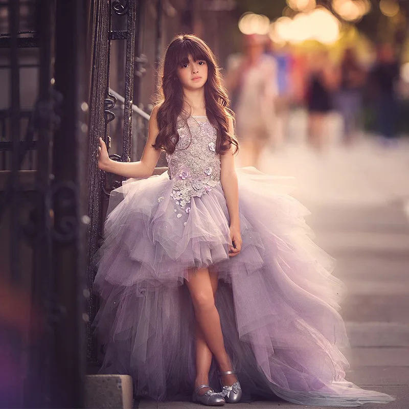 Robes de demoiselle d'honneur personnalisées pour bébé, appliques en tulle, train de cour pour enfants, fête de mariage, anniversaire, quelle que soit la princesse des enfants