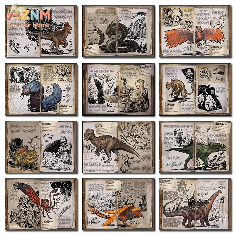 AZNM ARK Survival Evolved Dino Journal Canvas Wall Art, impression de croquis de créature vintage, décoration de salle de jeux