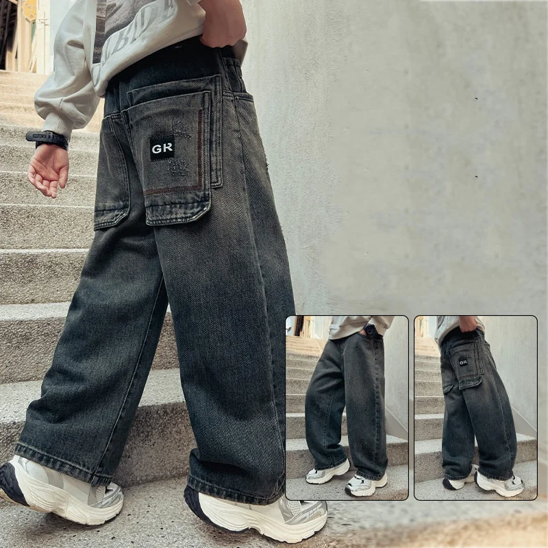 

Baby Boy Jeans Child Vintage Pants Tween Boy Denim Teenage Spring Autumn Long Trousers Toddler Straight Jeans Students Age 4-14Y