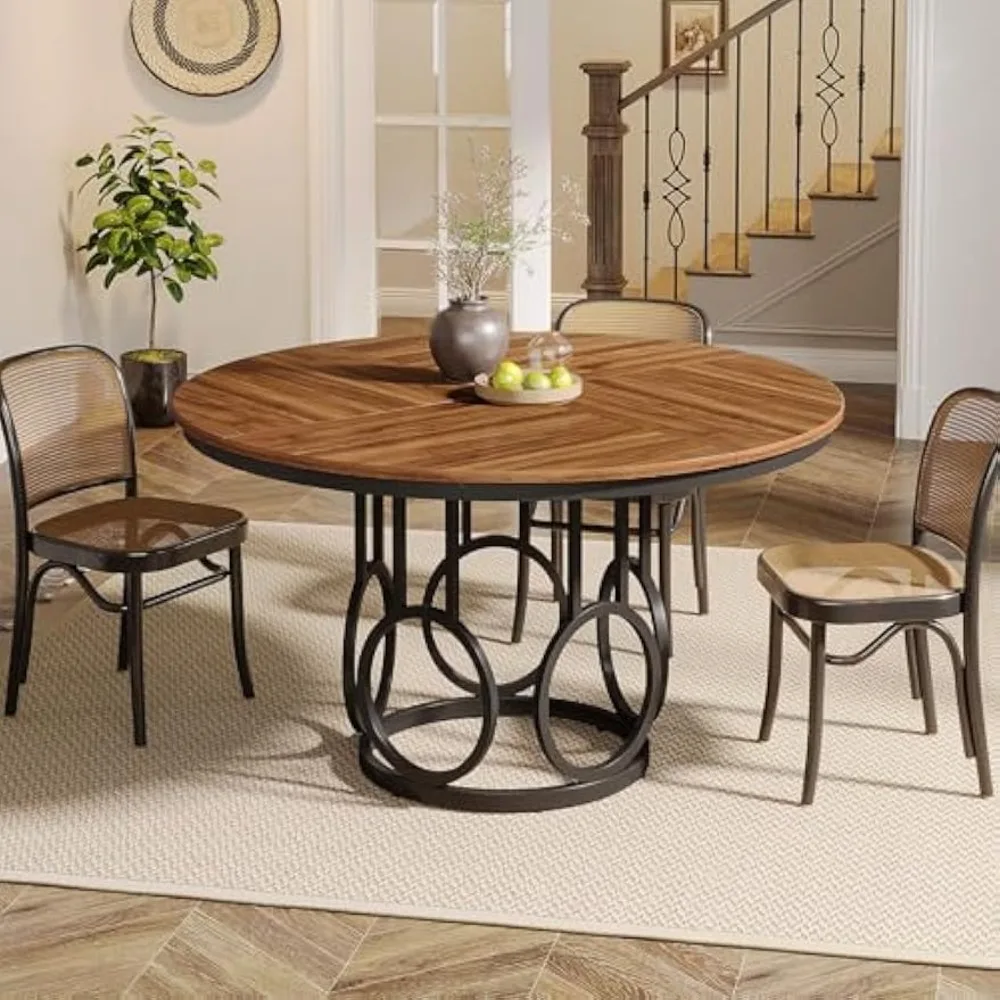 47-Inch Round Dining Table, Wood Kitchen Table with Sturdy Metal Base for 4-6 People, Large Circle Dinner Table for Dining Room